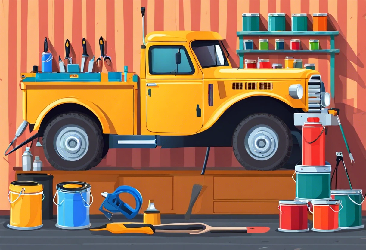 A yellow truck in a workshop surrounded by paint cans and tools related to truck painting.