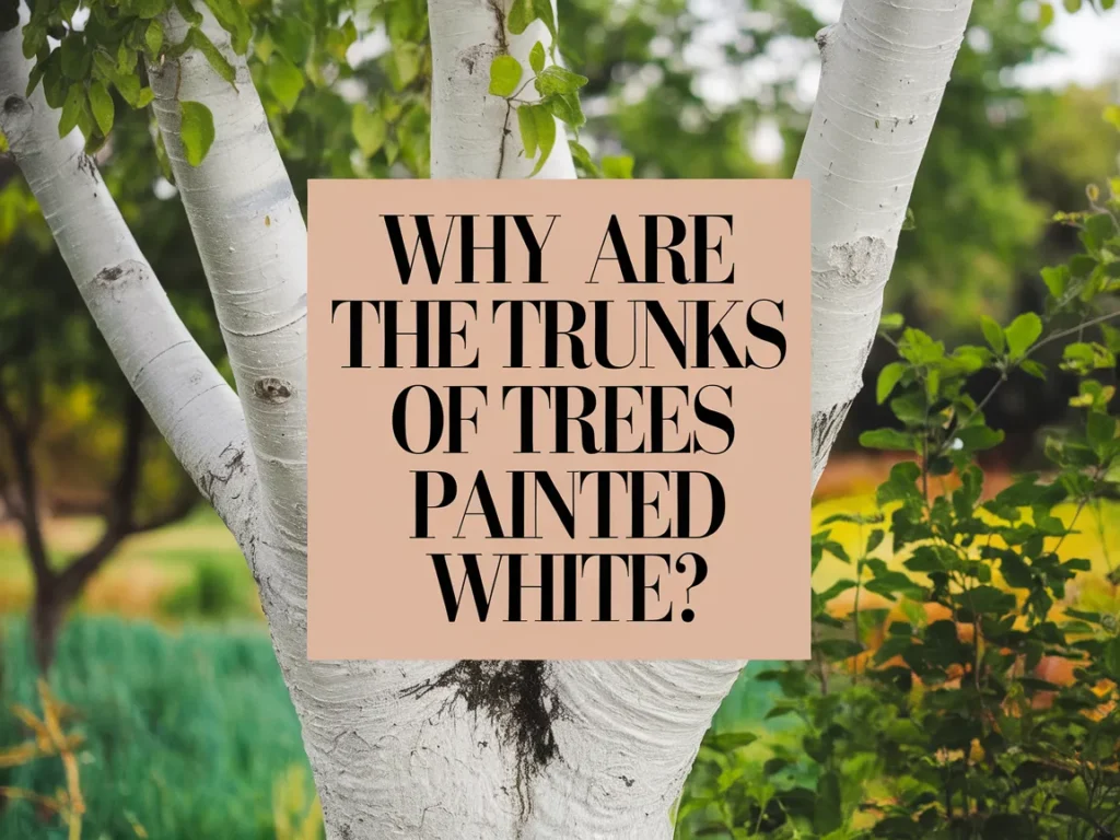 Close-up of a tree trunk painted white to reflect sunlight and protect against pests, illustrating the reason behind painting tree trunks white.