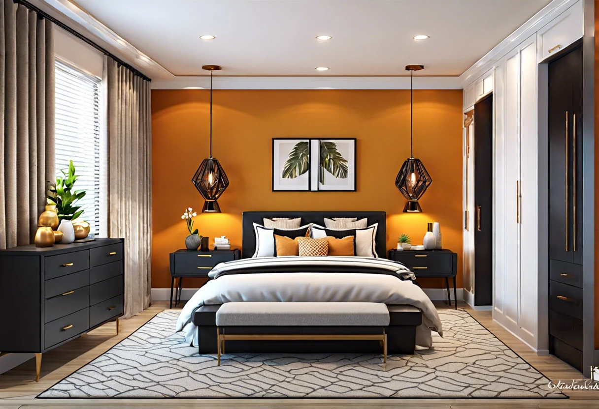 Stylish bedroom featuring two accent walls painted in a warm orange shade, illustrating the concept of using multiple accent colors.