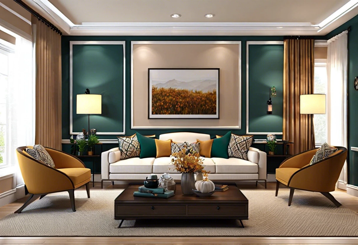 Stylish living room featuring two accent walls in deep teal color, showcasing decorative elements and furniture.