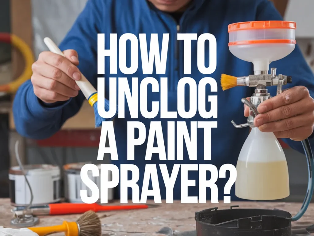 Person demonstrating how to unclog a paint sprayer with a brush and sprayer tool