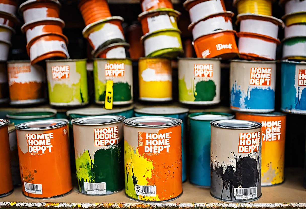 Various cans of unopened paint available for return at Home Depot
