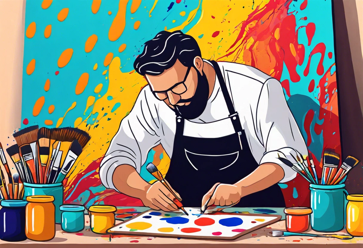 Artist using tempera paint on canvas with vibrant colors