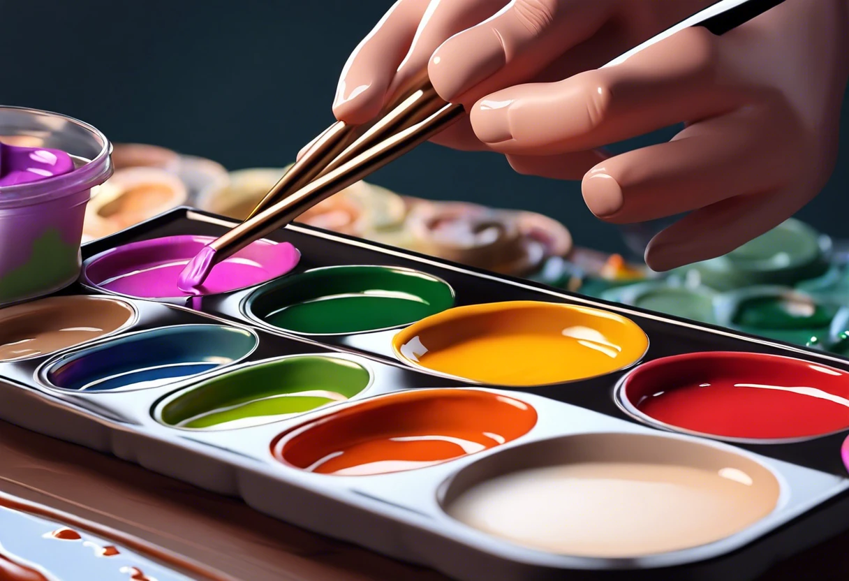 Close-up of a hand holding a brush and selecting watercolor paint from a palette