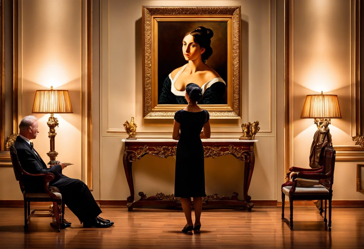 A woman and a man examining a valuable painting in a gallery, illustrating the process of valuing artwork.