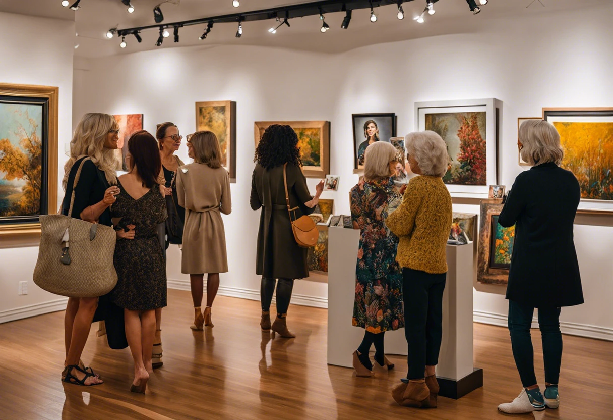 Visitors evaluating paintings in an art gallery, highlighting the process of how to value a painting.