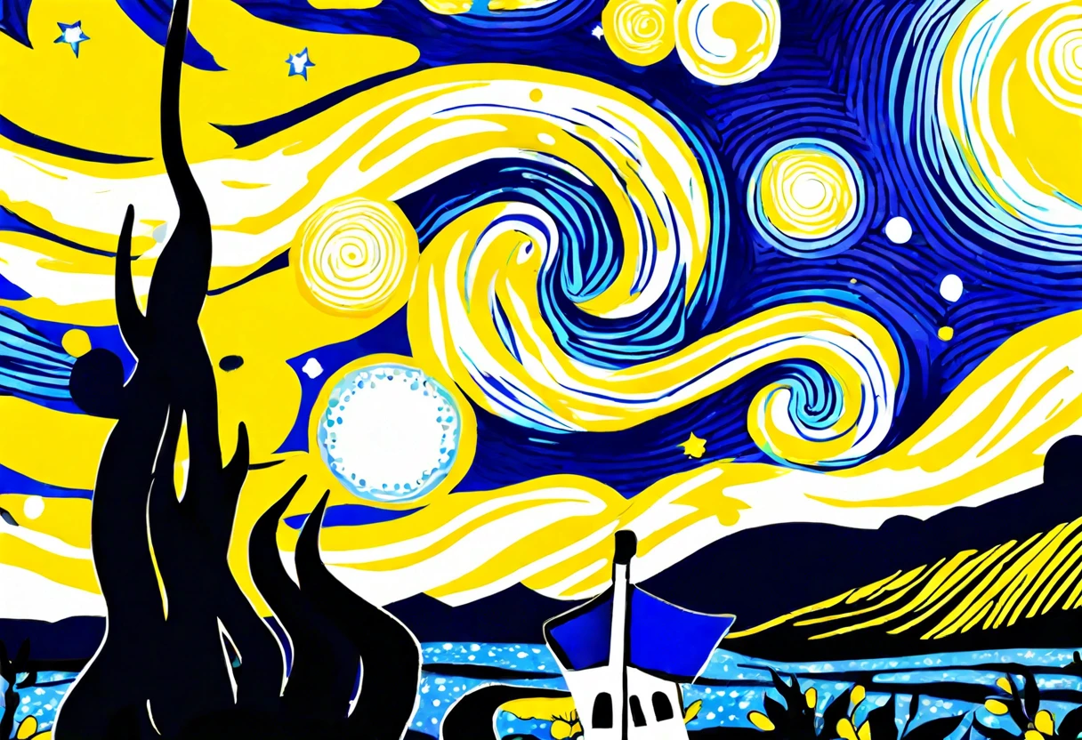 an artistic representation of Van Gogh's style featuring swirls and stars, relevant to the discussion on commercial use of Van Gogh paintings