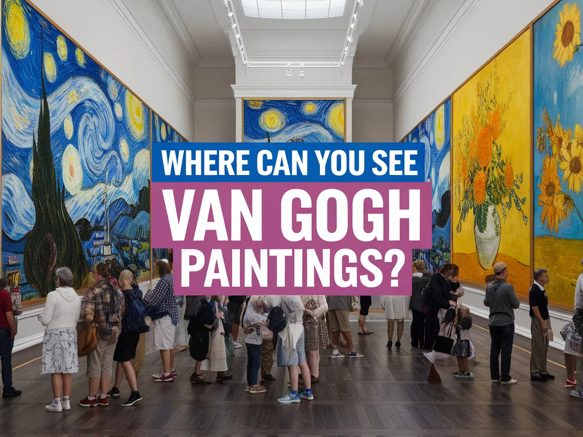 Visitors admiring Van Gogh paintings at an art exhibition.