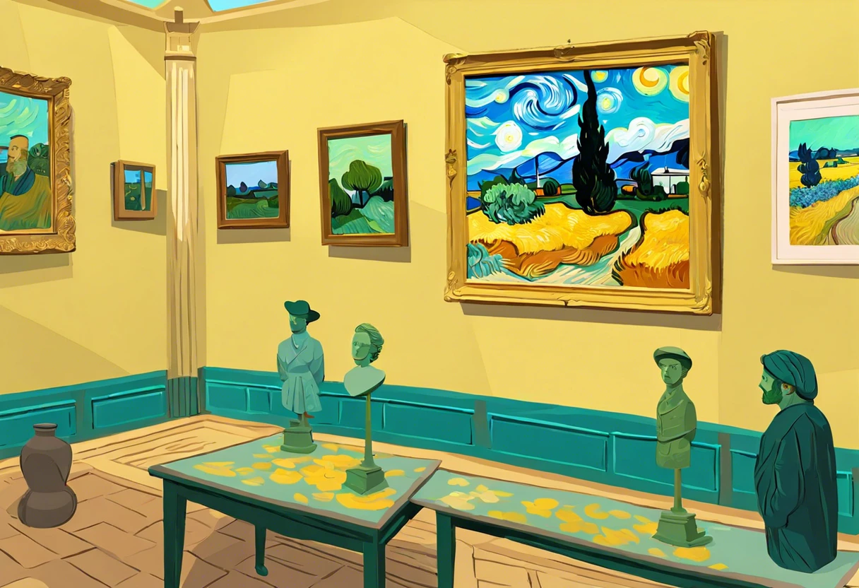 Interior of an art gallery displaying Van Gogh paintings with sculptures.