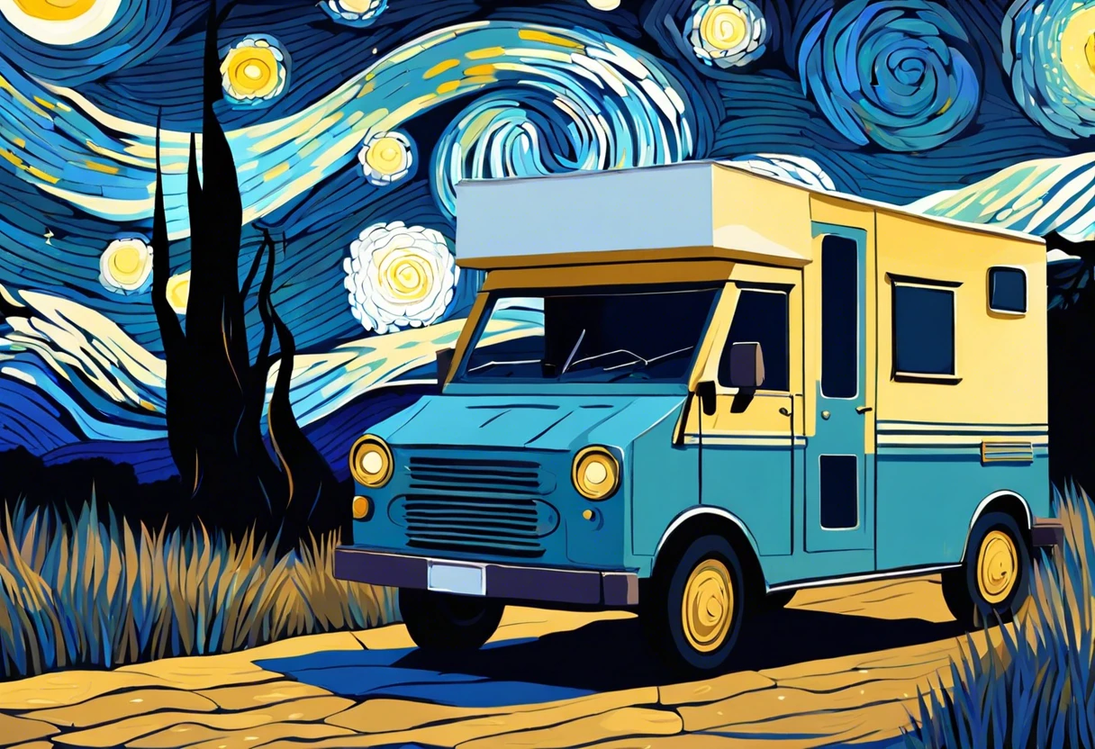 A colorful van in a night sky reminiscent of Van Gogh's Starry Night, perfect for exploring where to see Van Gogh paintings.