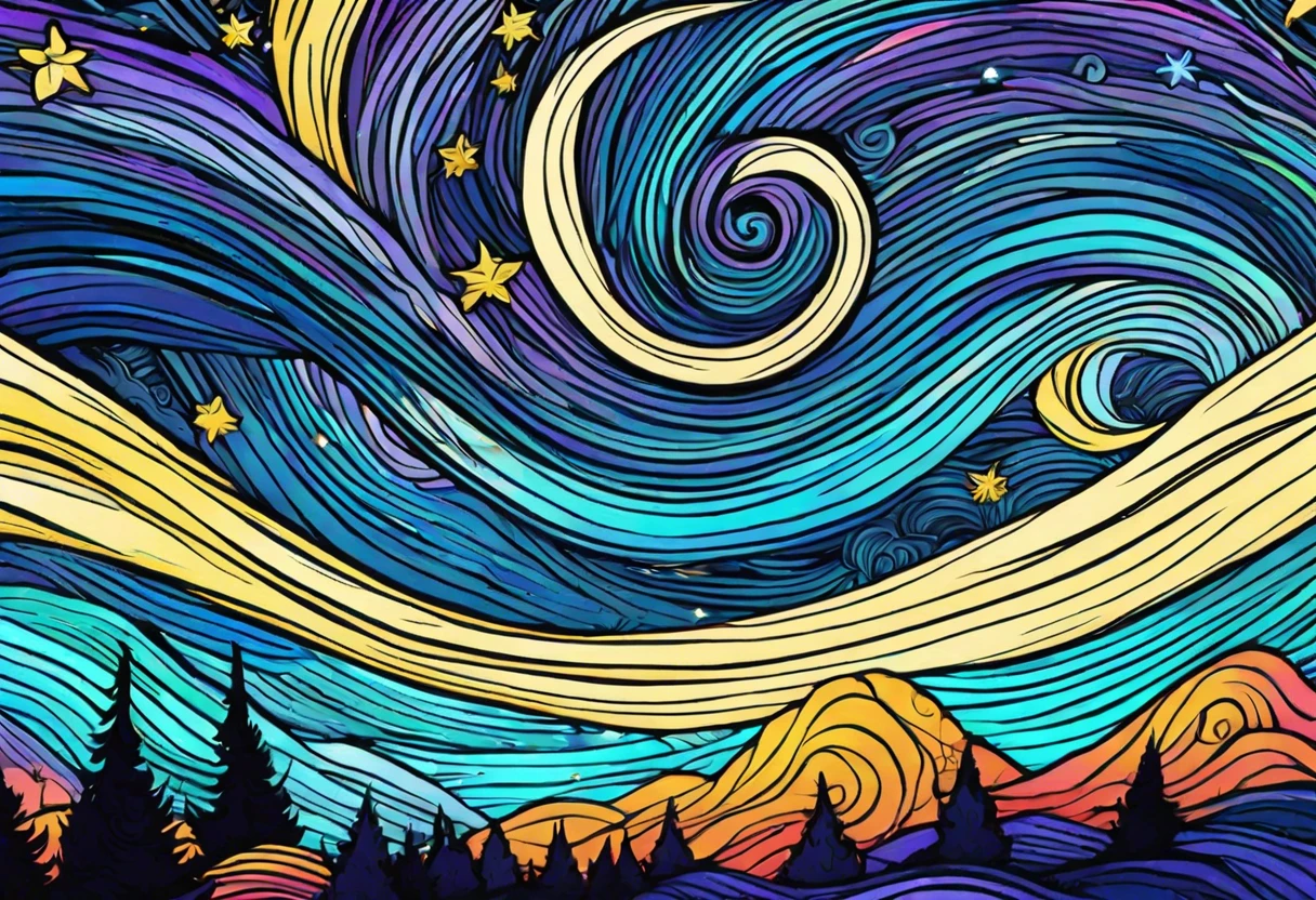An artistic depiction of Van Gogh's Starry Night, showcasing swirling blues, yellows, and stars, symbolizing the artist's emotional turmoil and connection to the night sky.