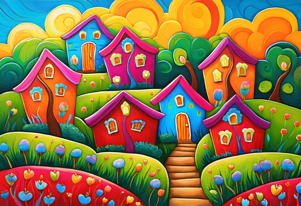 Colorful painting of houses and landscape, inspired by the theme of who painted apple seeds where people wanted to live
