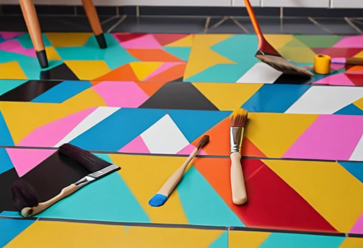 Colorful vinyl tile floor with paint brushes, demonstrating how vinyl tile can be painted.