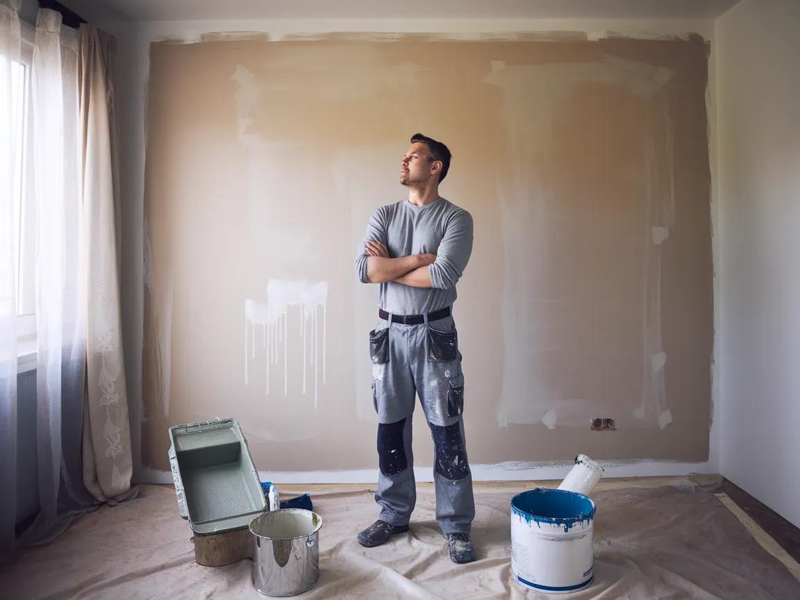 A man standing in a partially painted room, contemplating whether it's too long to wait to paint after priming.