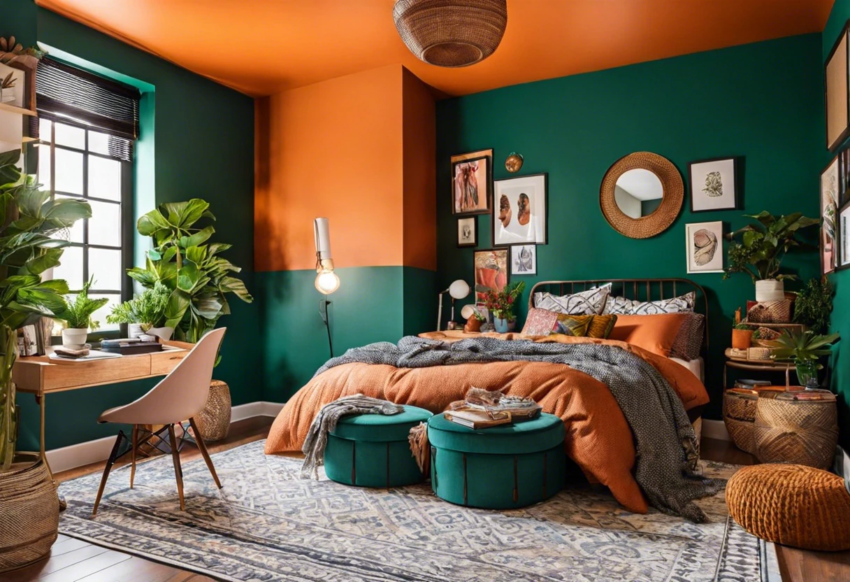 Stylish bedroom featuring wall paint on the ceiling and walls, illustrating the concept of using wall paint on a ceiling.