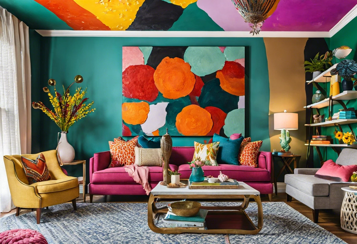 Living room with colorful wall paint and a painted ceiling, illustrating the potential use of wall paint on ceilings.
