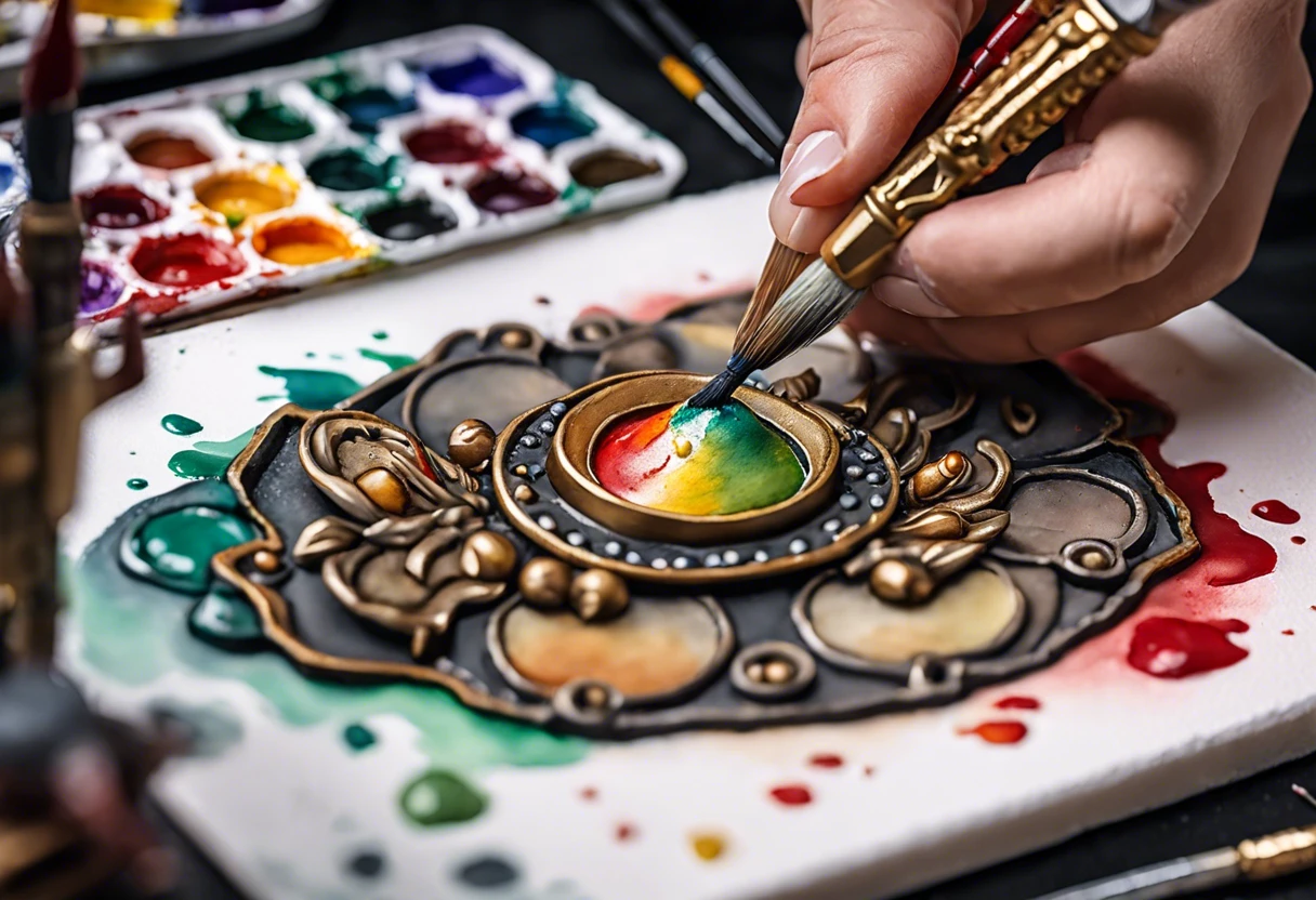 Hand painting a Warhammer miniature with a brush and vibrant paints.