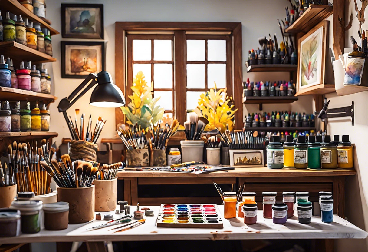 A well-organized painting workspace with brushes, paints, and tools for Warhammer miniatures.