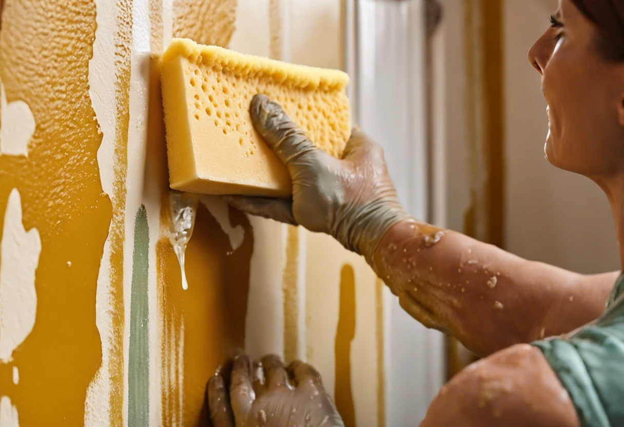Person cleaning walls painted with flat paint using a sponge, demonstrating wall washing techniques.