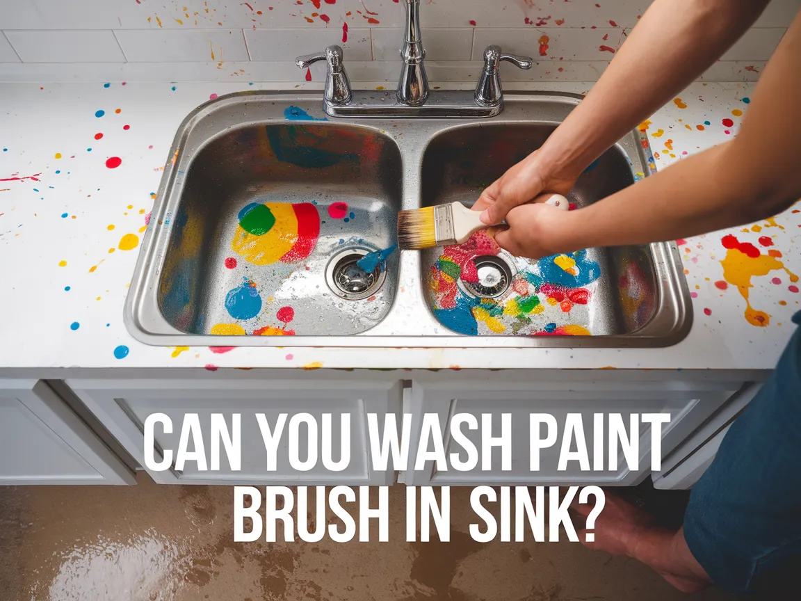 Person washing a paint brush in a kitchen sink with colorful paint splatters.