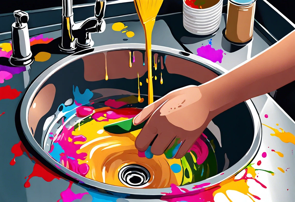 Hand washing a paint brush in a sink filled with colorful paint splashes, demonstrating the process of cleaning paint brushes.