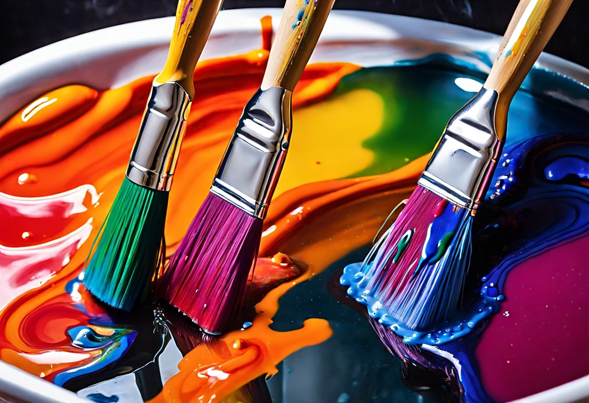 Colorful paint brushes submerged in a swirling mixture of paint and water, related to washing paint brushes in the sink.