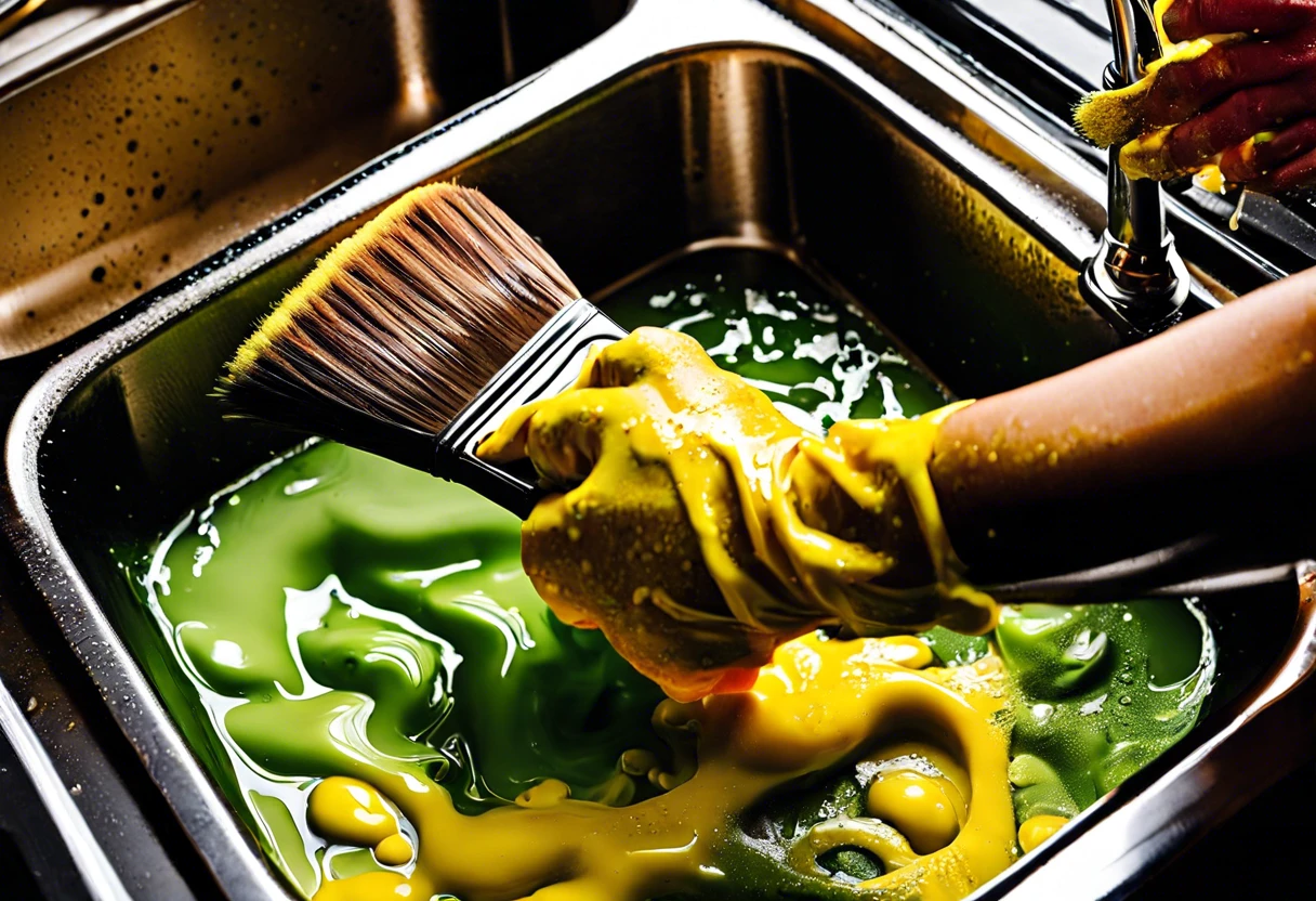A hand wearing yellow gloves cleaning a paint brush in a sink filled with green and yellow water, illustrating the process of washing paintbrushes.
