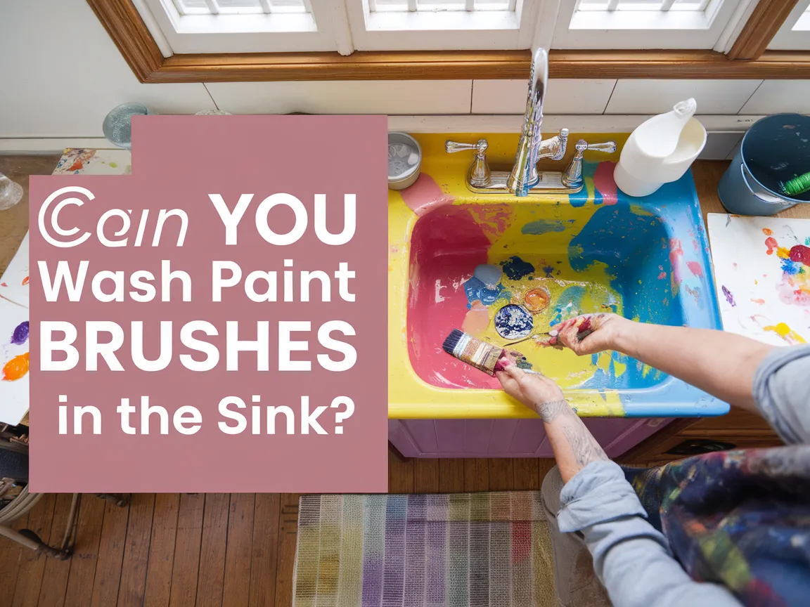 Person washing paint brushes in a colorful sink, raising the question about washing paint brushes in the sink.