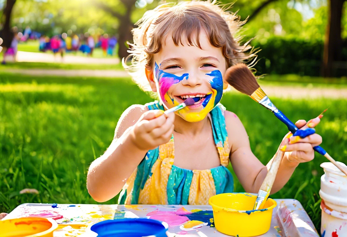 Child applying washable paint on their face, showcasing vibrant colors in a fun outdoor setting.