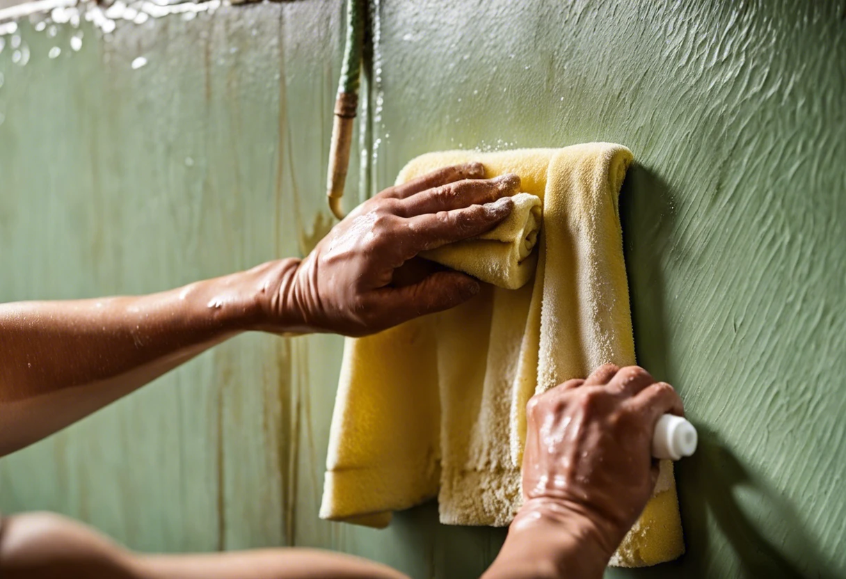 Person cleaning wall painted with flat paint using a sponge and water