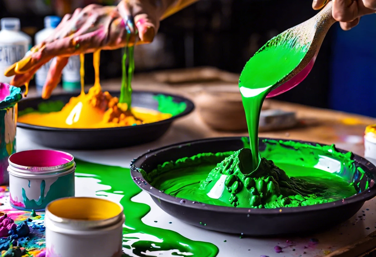 Hands pouring water into vibrant green acrylic paint, demonstrating how to mix water with acrylic paint.