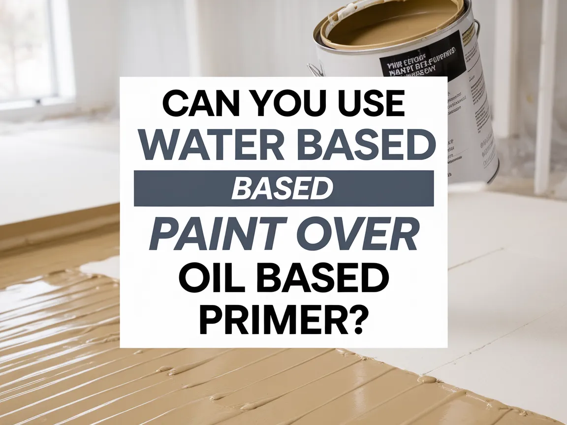 A can of water based paint being poured over a surface primed with oil based primer.