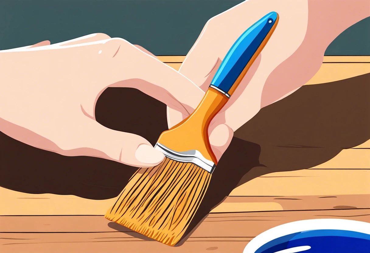 A person using a paintbrush for water-based paint over an oil-based primer surface.