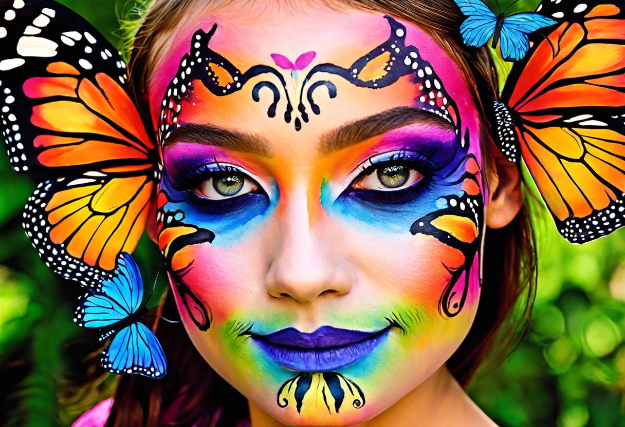 Vibrant watercolor face paint featuring butterfly designs and colorful patterns demonstrating face painting techniques.