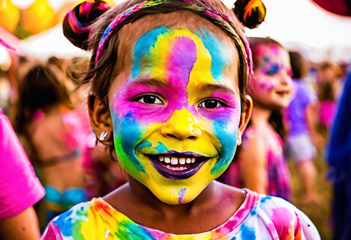 A child with vibrant watercolor face paint in shades of pink, yellow, and blue, illustrating the potential of watercolor as face paint.