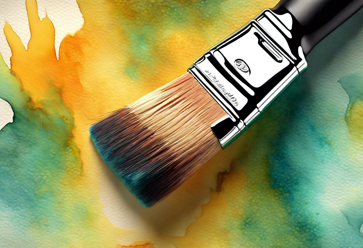 A brush with watercolor paint applied over an acrylic background, illustrating the technique of painting watercolor over acrylic.