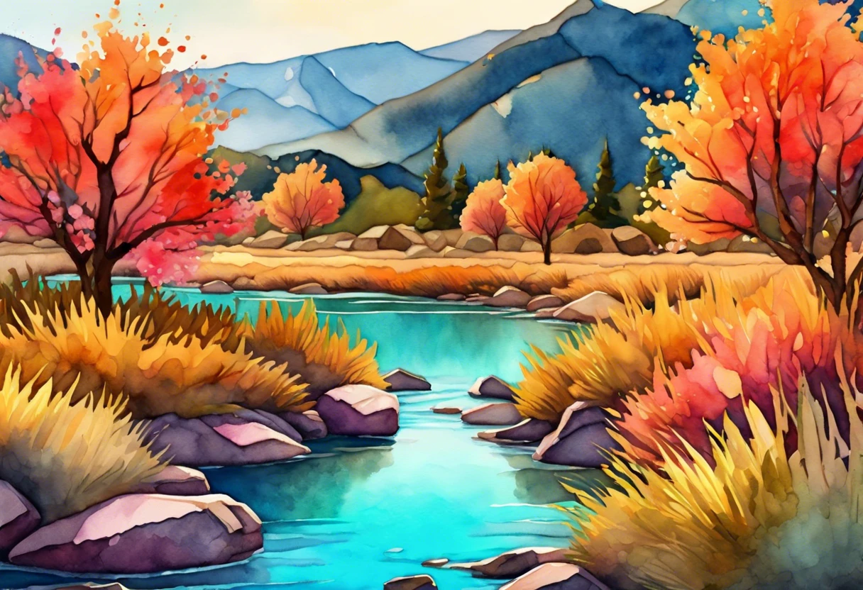 Vibrant watercolor landscape painting showcasing autumn foliage and a serene river, illustrating watercolor techniques over acrylic.
