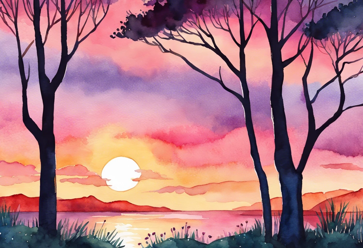 Beautiful watercolor sunset on canvas with trees silhouetted against the vibrant sky