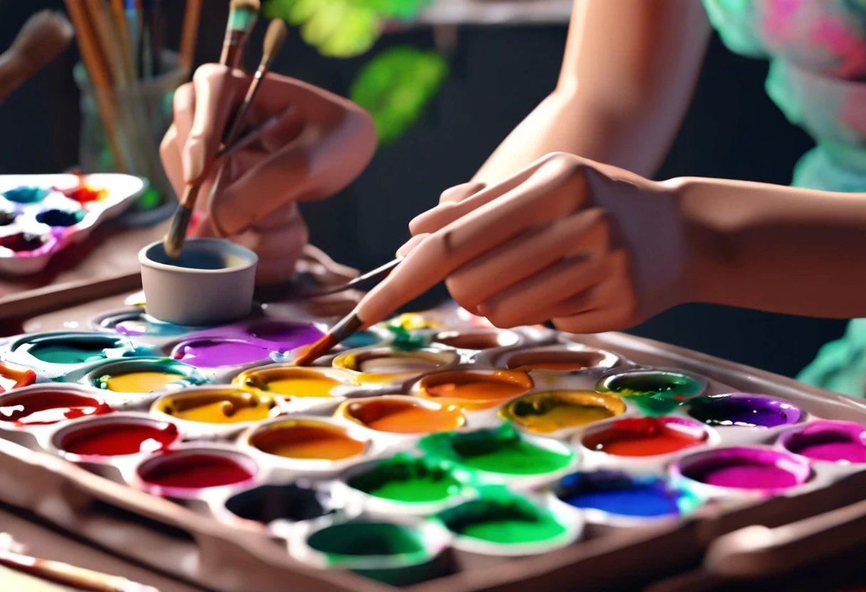 Artist using watercolor paint in a tube with a palette of vibrant colors