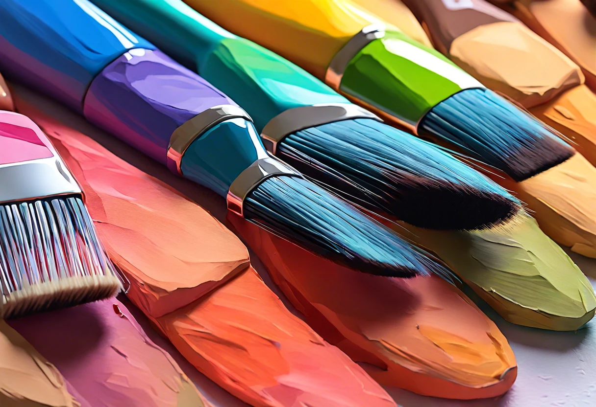Close-up of colorful brushes on a palette, ideal for using acrylic paint on watercolor paper.