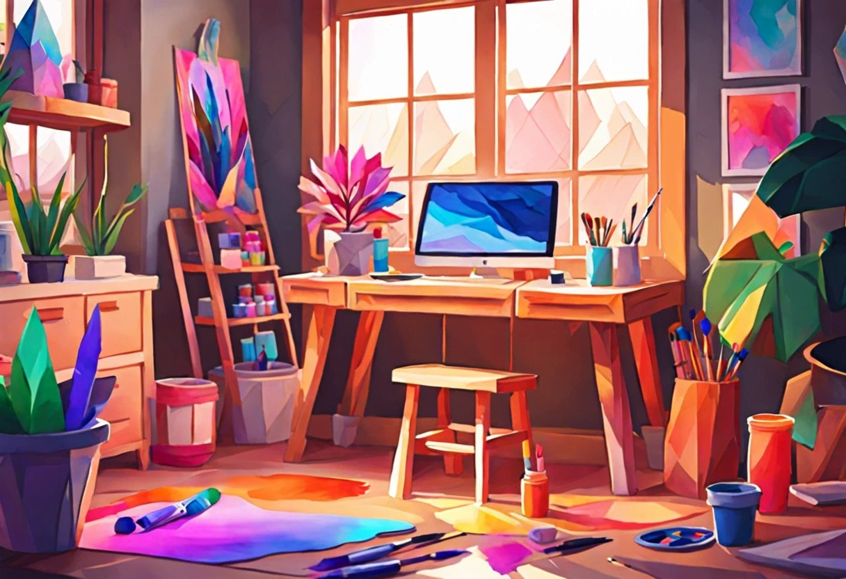 Art studio showing a workspace with watercolor paper and acrylic paints, illustrating if watercolor paper can be used for acrylic painting.
