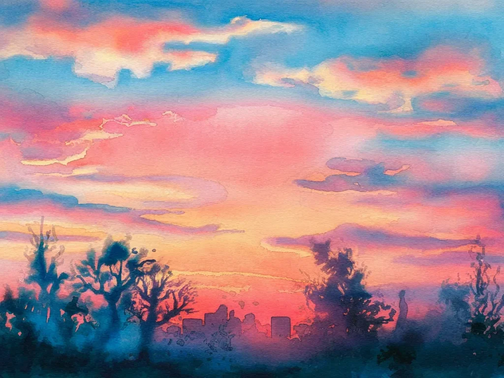 Watercolour painting of a vibrant sky with clouds and silhouettes of trees