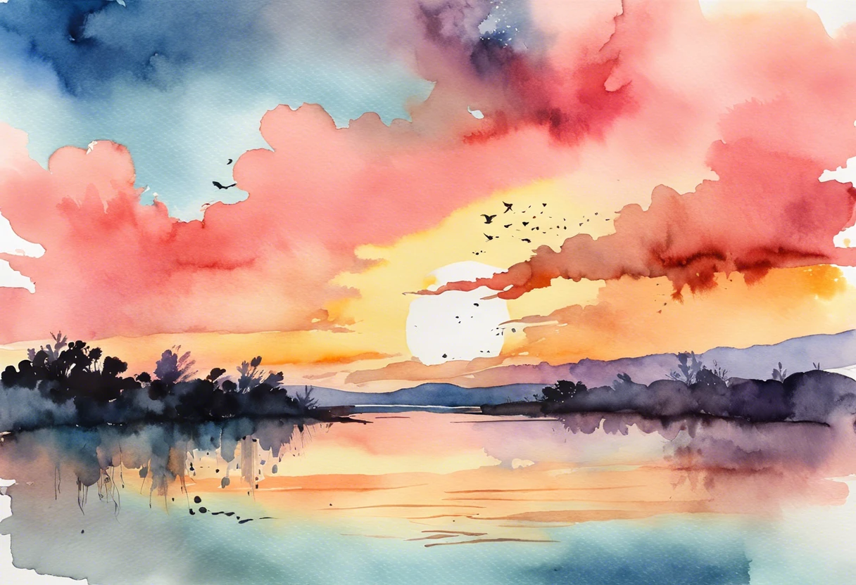A beautiful watercolour painting of a sky with clouds during sunset, showcasing vibrant colors and reflections.