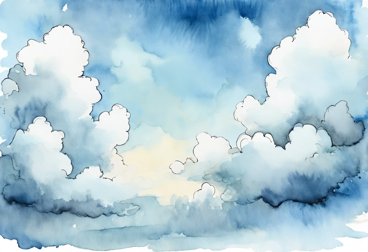 A beautifully painted watercolour sky with fluffy clouds, demonstrating techniques for painting clouds in watercolour.
