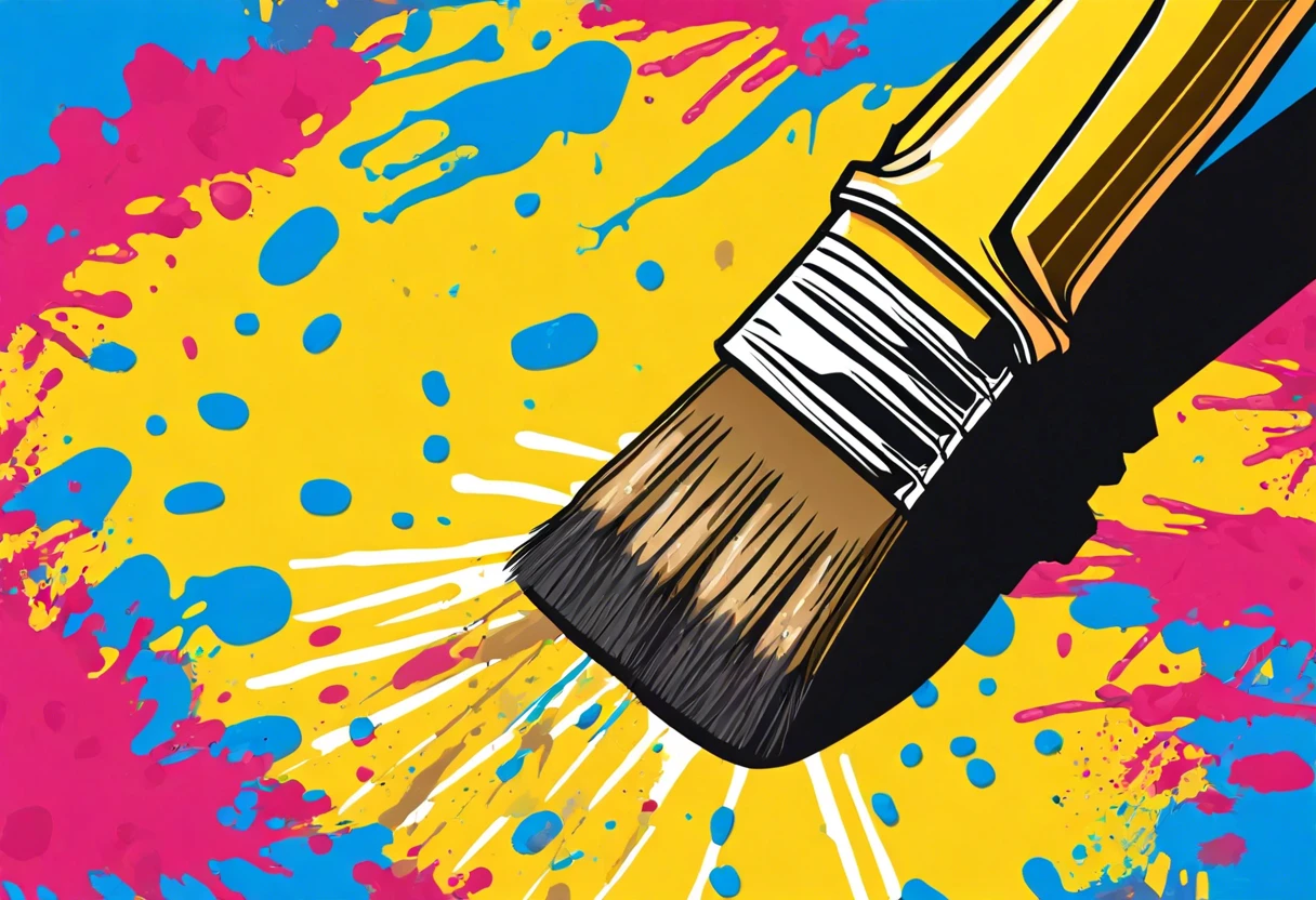 A paintbrush with colorful paint splatters, illustrating the paint removal process with WD-40.