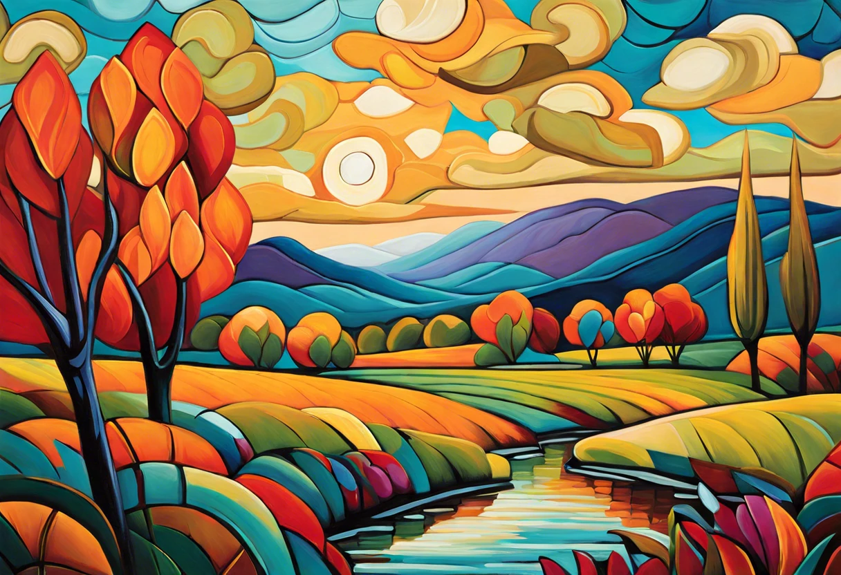 Colorful landscape painting demonstrating wet paint brush technique