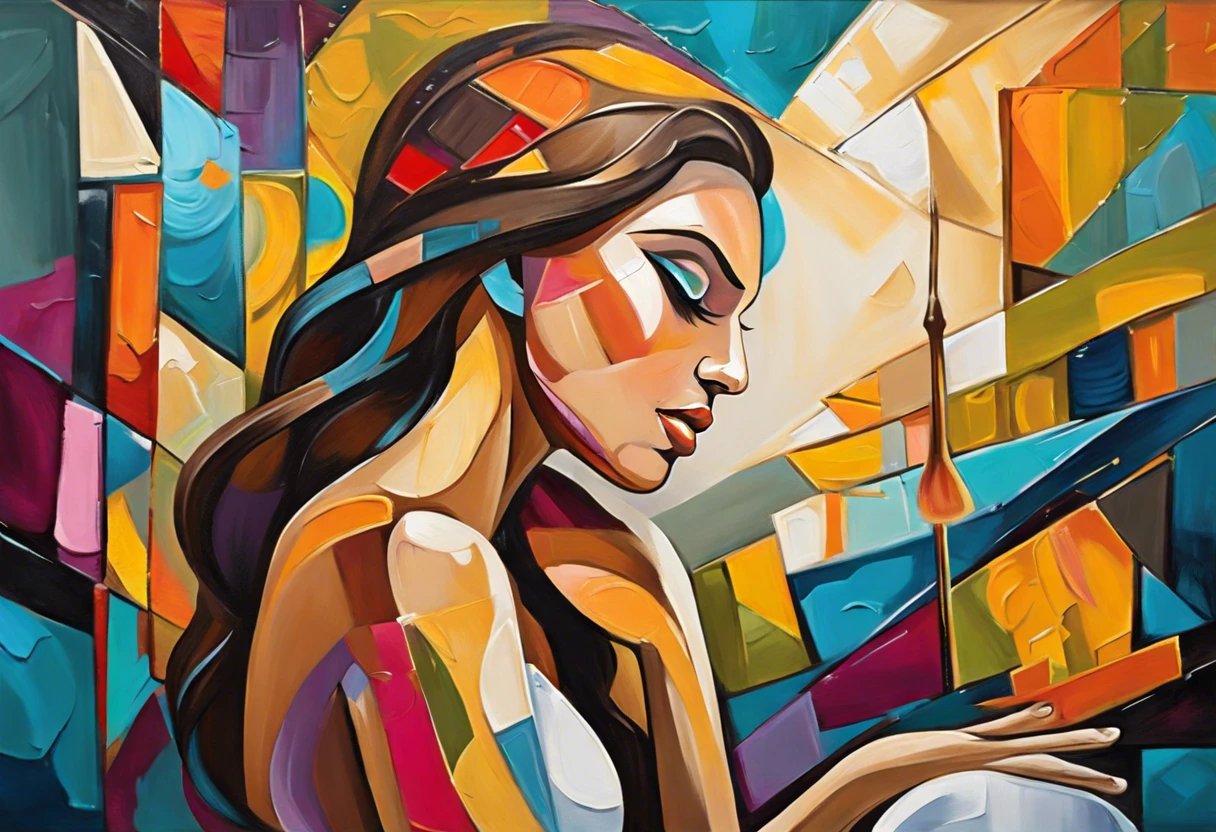 Artistic representation of a woman with a paint brush, illustrating the concept of using a wet paint brush.