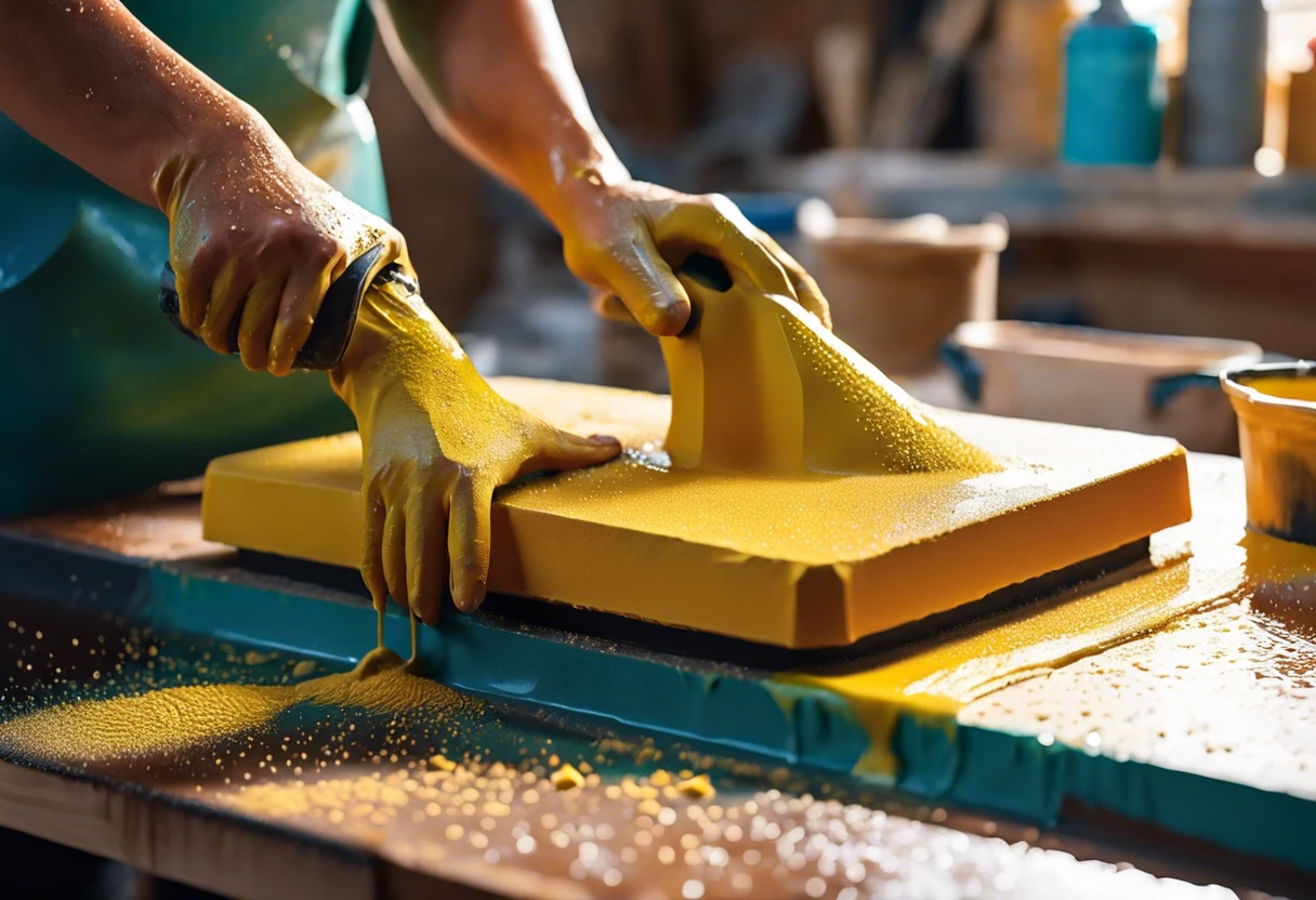 Hands wet sanding and buffing yellow single stage paint on a surface