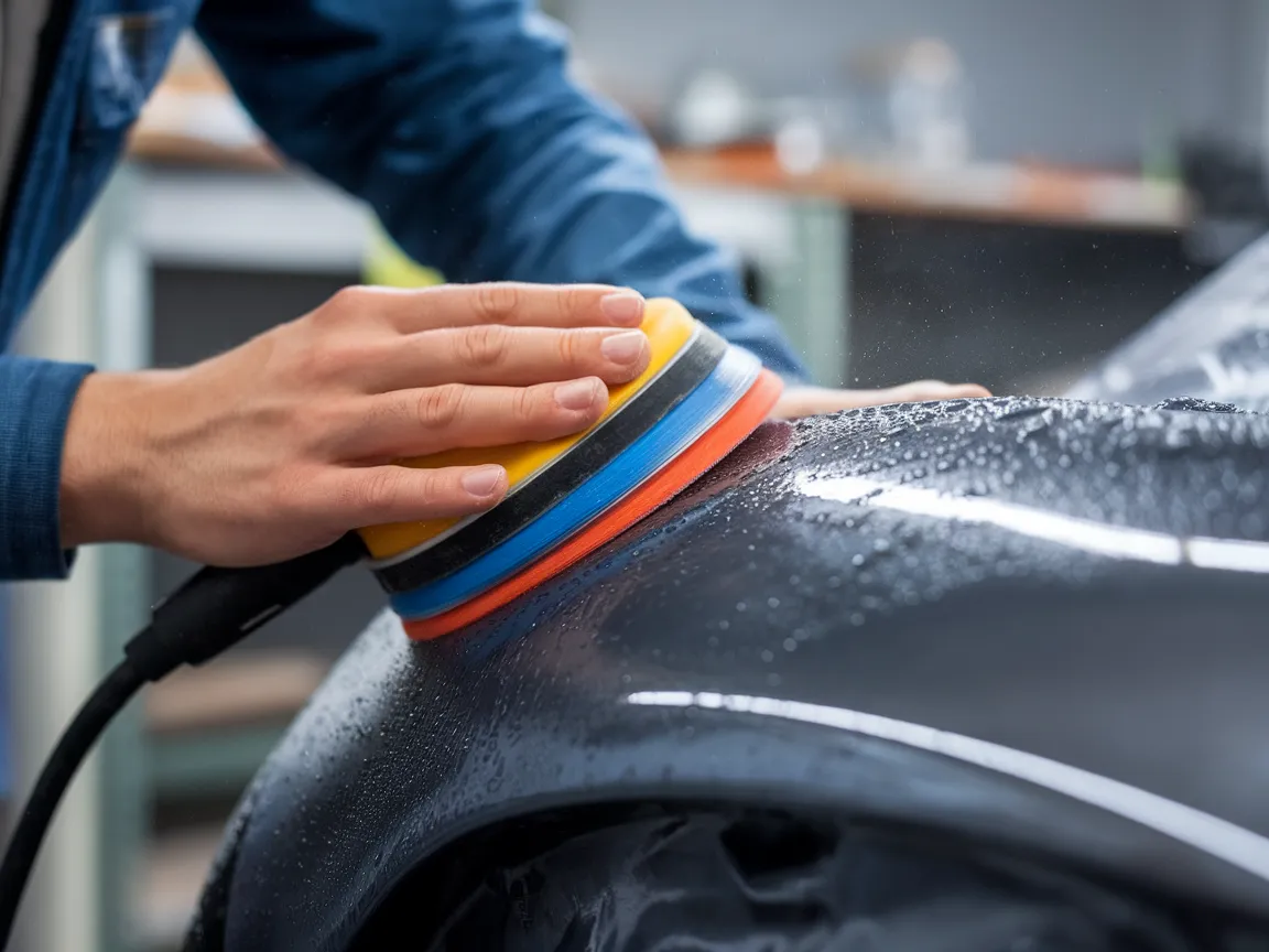 Close-up of a person wet sanding and buffing single stage automotive paint with a power sander.