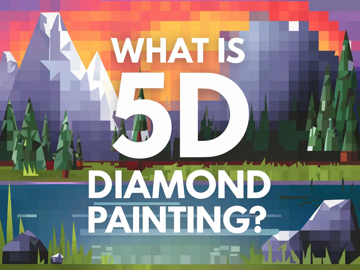 A colorful graphic explaining what 5D diamond painting is, featuring mountains and a lake.